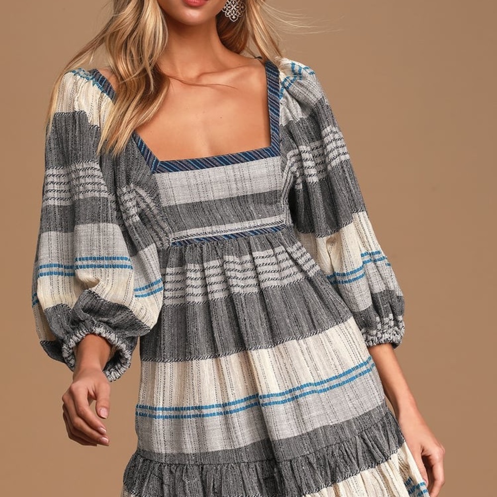 Free People Blue Multi Striped Puff Sleeve Dress